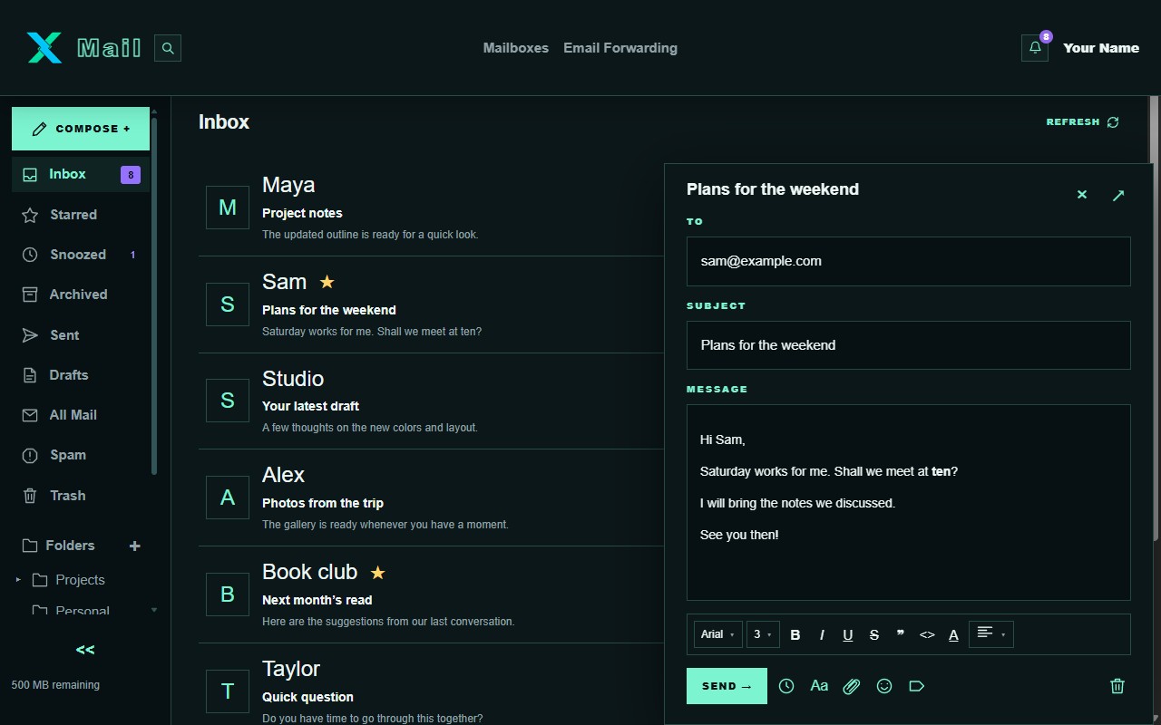 A Xunaro Mail compose window with a draft, formatting and attachment controls