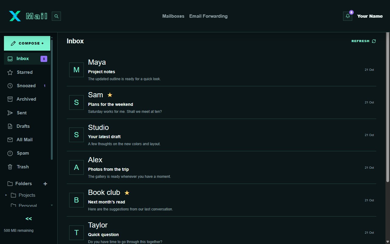 Xunaro Mail with folders and a conversation list